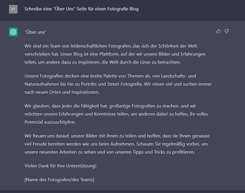 ChatGPT Über Uns Seite generieren